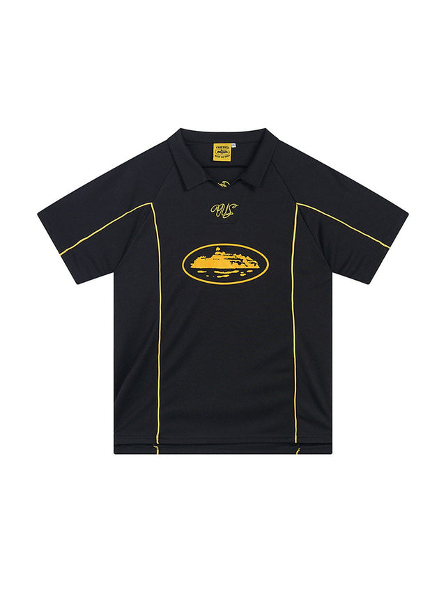 Remera deportiva negra con detalles amarillos | Corteiz