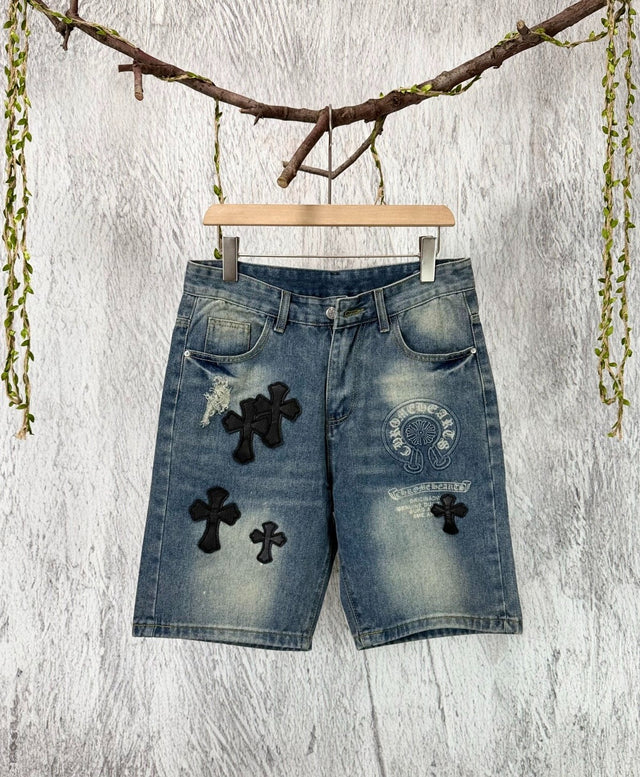 Bermuda de jean azul con cruces negras — Chrome Hearts