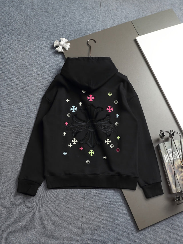 Buzo negro con capucha y cruces multicolor — Chrome Hearts