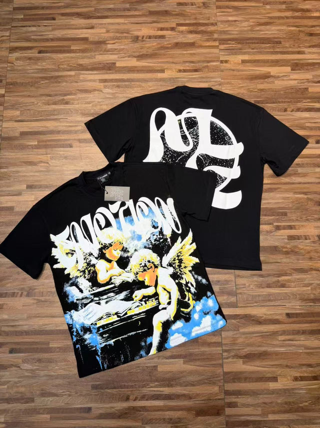 Remera negra con ángeles sobre nubes · Mixed Emotion — Mixed Emotion