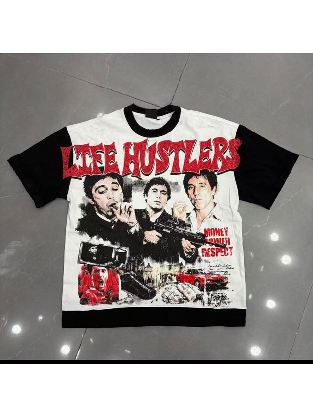 Remera Life Hustle collage blanca y negra