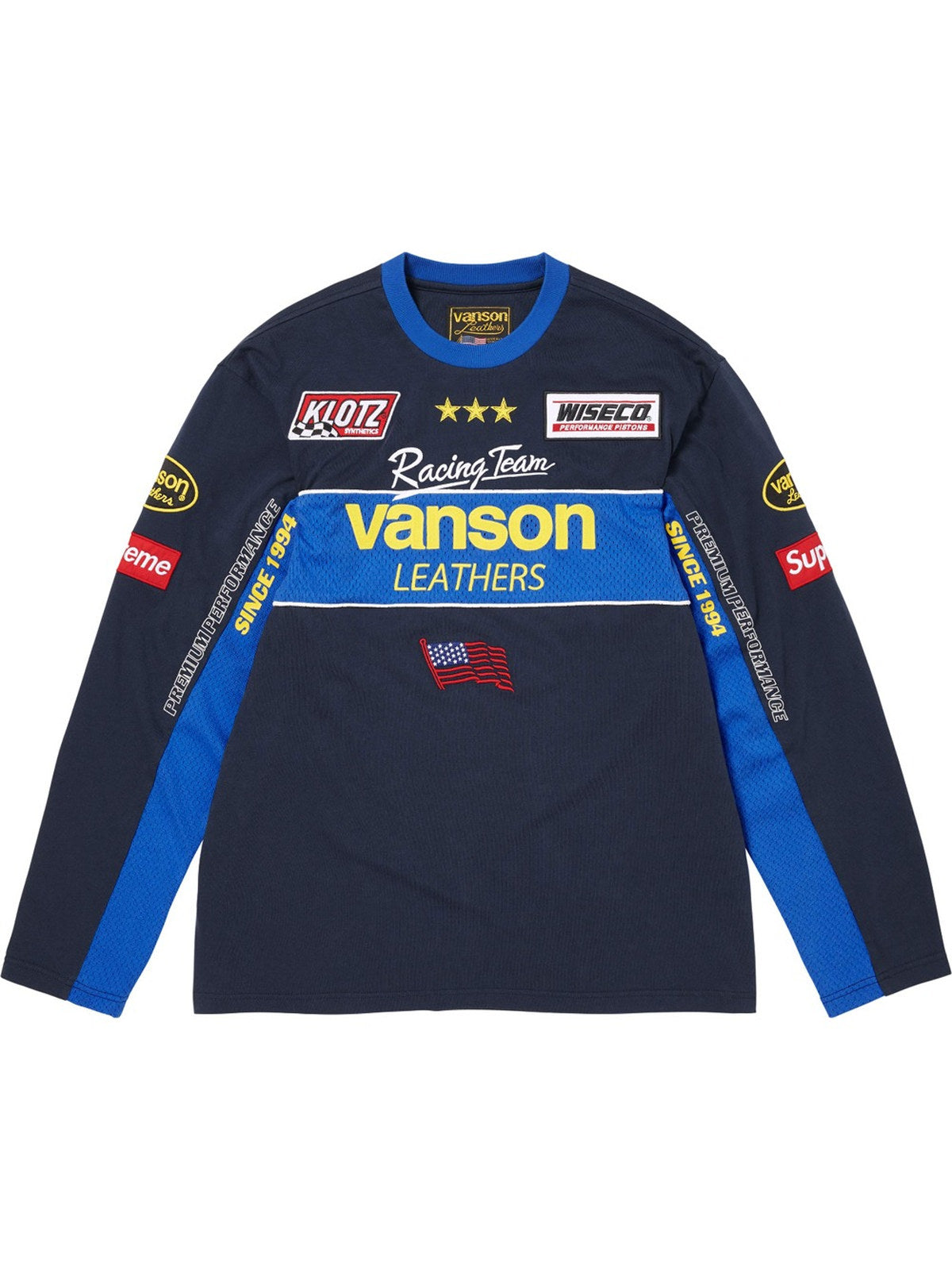Remera manga larga azul con parches de carreras � Supreme | Supreme