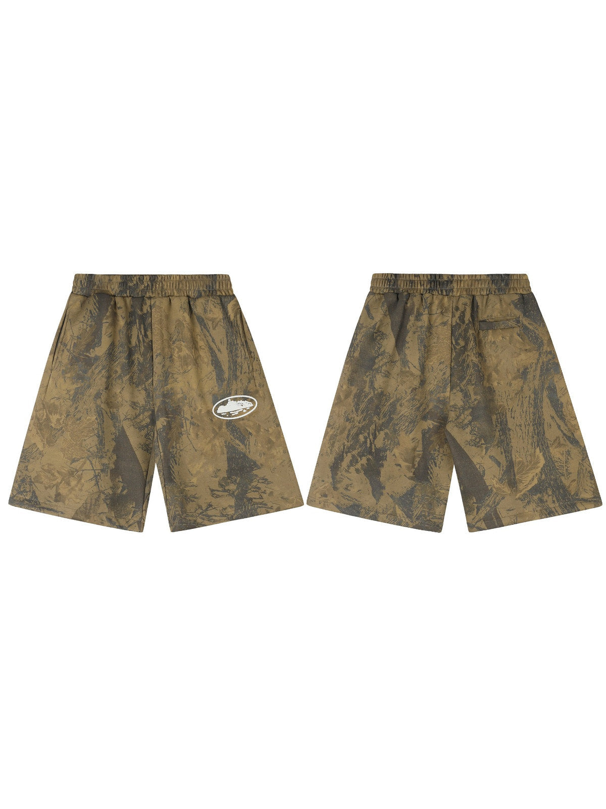 Short camuflado marr�n con emblema blanco | Corteiz