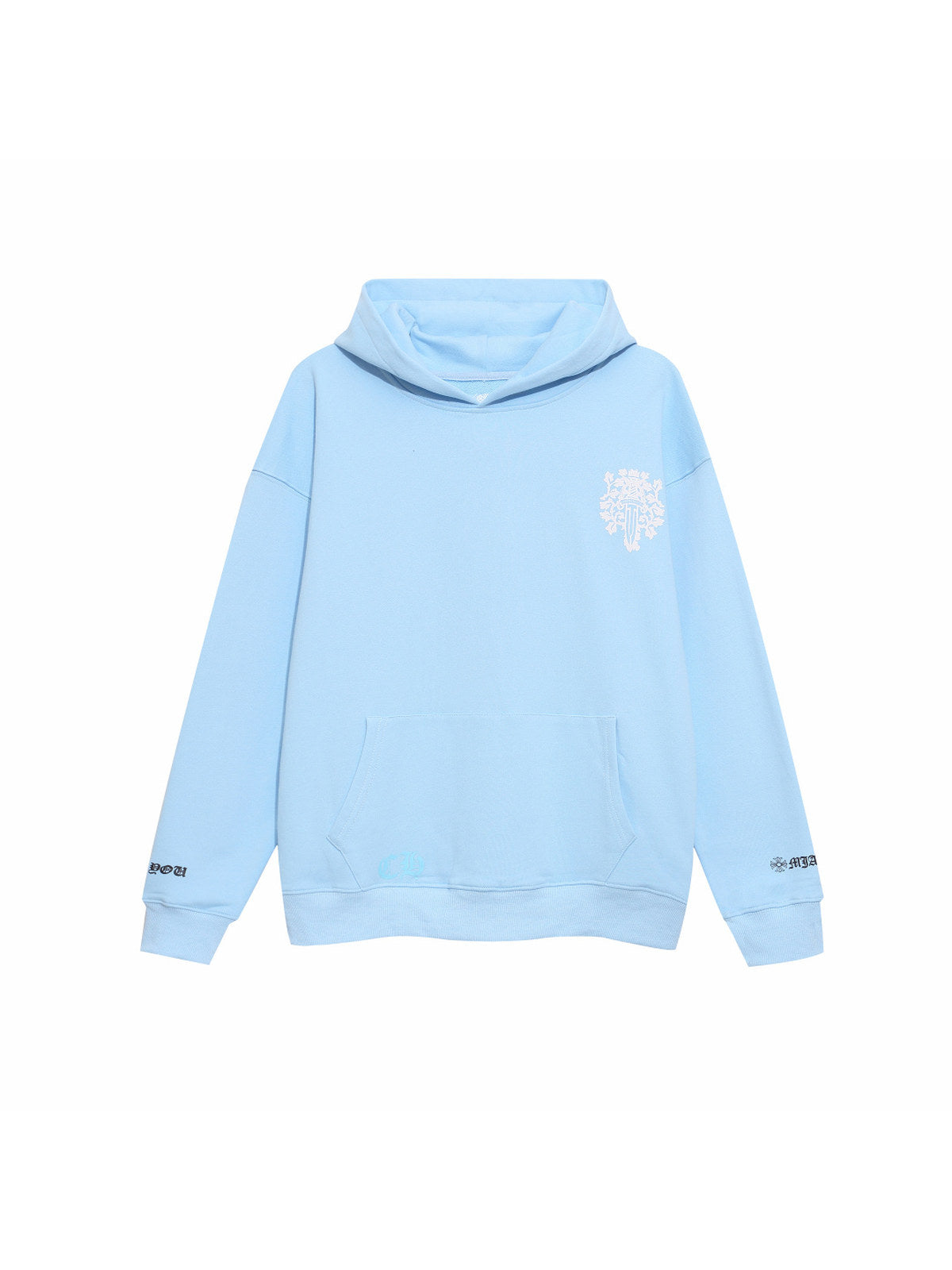 Buzo celeste con capucha y estampado blanco | Chrome Hearts