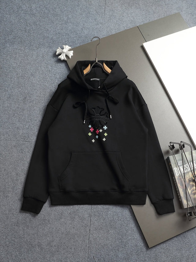 Buzo negro con capucha y cruces multicolor — Chrome Hearts