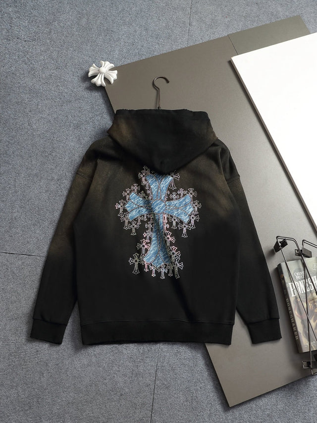 Buzo negro con capucha y cruz azul — Chrome Hearts