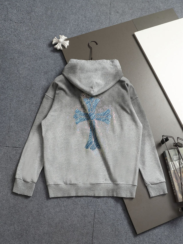 Buzo gris con capucha y cruz azul — Chrome Hearts