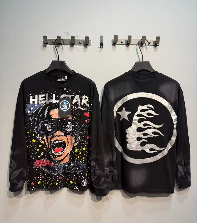 Remera Hellstar negra de manga larga con gráfico multicolor — Hellstar